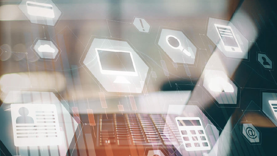 Conceptual image of eRunlite cloud-based POS central management system, featuring integration of delivery platforms, multi-store inventory tracking, 300+ promotion combinations, and automated business data analytics.