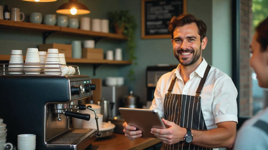A smiling male barista holding an iPad tablet running the eRunlite catering POS system next to an espresso machine, helping a restaurant customer with quick digital ordering.