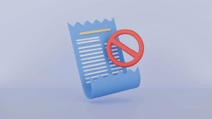 eRunlite POS system promotes no-contract monthly plan. A 3D blue receipt icon with a red prohibition sign over it, symbolizing rejecting traditional long-term POS contracts and upfront fees.