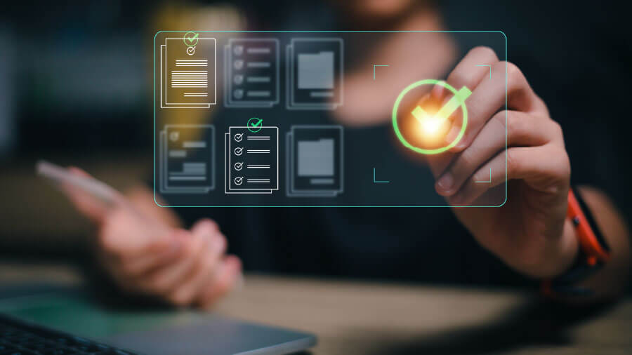 A close-up of a person touching digital document and checklist icons with a glowing green checkmark on a transparent screen, representing the efficient inventory workflow and backoffice management of the eRunlite retail system.