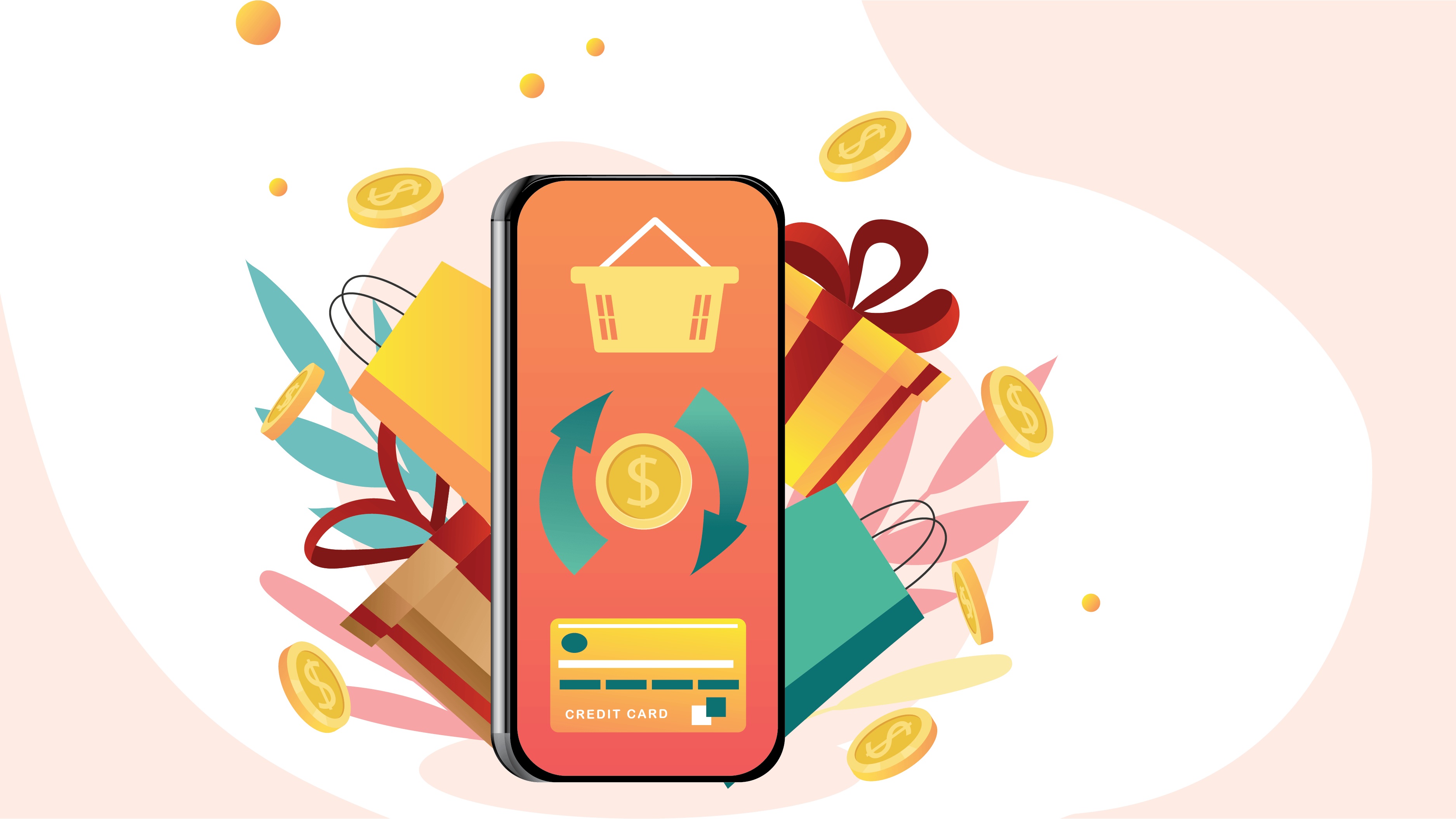 Recommended eRunlite retail membership management system, featuring an illustration of a smartphone with a credit card, surrounded by gift boxes, shopping bags, and floating coins to represent customer loyalty programs.