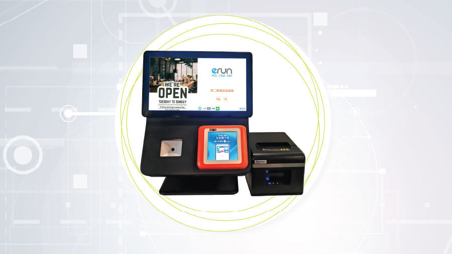 eRunlite 餐廳自助付款機 (Self-service Kiosk)，支援八達通、Alipay HK 等多種電子支付，助力餐廳實現 3 秒極速過數，釋放收銀人手並提升高峰期翻枱率。