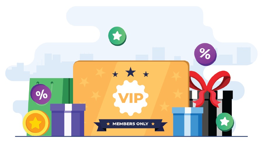 中小企業獎賞計劃系統推薦 eRunlite,插圖中央為一張寫有 VIP 與 Members Only 的金色會員卡,周圍環繞著精美禮物盒、購物袋與折扣標誌,系統支援手機 App 與儲值卡積分雲端管理。