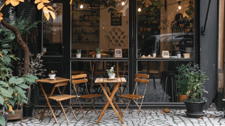 Recommended Cafe POS system displaying a cozy outdoor coffee shop seating area with wooden tables and green plants, featuring QR code ordering and multi-store management.