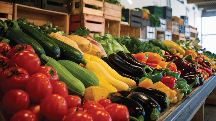Recommended fresh produce POS system displaying colorful vegetables like tomatoes, eggplants, and bell peppers, featuring smart weighing and inventory expiration alerts.